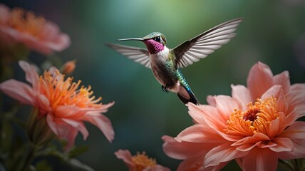 Hummingbird bird flying between flowers