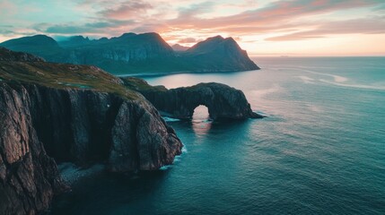 A breathtaking aerial perspective of rugged sea cliffs and natural arches along the dramatic coastline of Australia at sunrise, Australian coastal cliffs scene, Cinematic style