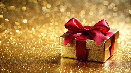 Fototapeta premium A golden gift box adorned with a vibrant red bow, resting upon a shimmering backdrop of golden glitter.