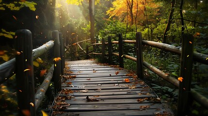 Wooden pathway through a forest with fallen leaves and sunlight shining through the trees