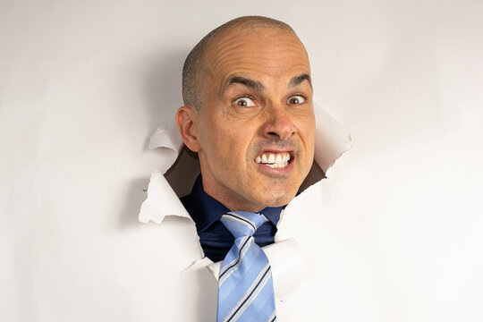 48 year old man in casual clothing and tie, only his head on a cardboard, showing emotions_6.