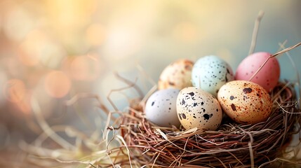 Obraz premium A nest with colorful speckled eggs, symbolizing spring and new beginnings.