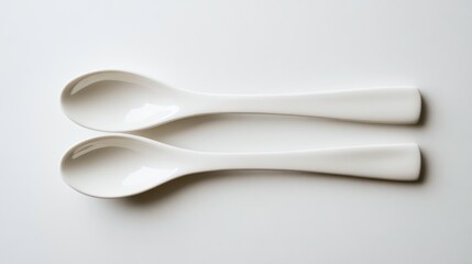 Two identical white ceramic spoons arranged in a minimalist symmetrical composition on a smooth surface creating a sense of balance and simplicity