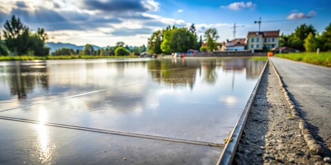 Fototapeta premium A smooth, paved surface bordering a body of water, reflecting the sky and clouds, with a line of stones on the edge of the walkway