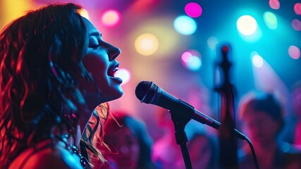 Obraz premium A female singer in concert _ rockstar _ with a colourful lighting background