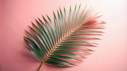 Fototapeta premium A single palm leaf, with delicate green fronds, rests against a soft pink backdrop, creating a minimalist and serene composition.
