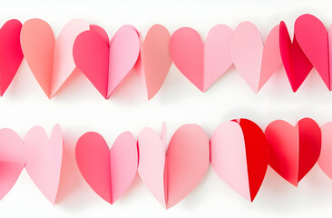 A decorative garland made of colorful paper hearts in shades of pink and red.