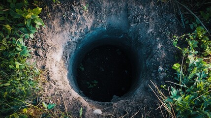 Top View of a Ground Hole, Exposing Soil and Earth Layers, Detailed Aerial Perspective of an Excavated Hole in the Ground, Earthwork Scene.