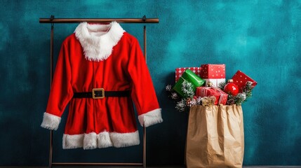 Cozy Christmas Scene Featuring a Festive Santa Suit on a Hanger with Wrapped Gifts and Holiday Decorations Against a Textured Teal Wall
