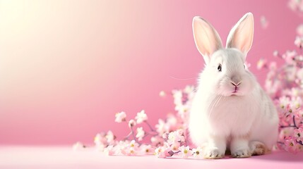 Obraz premium A cute white rabbit surrounded by pink flowers on a soft pink background.