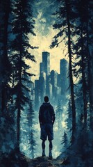 Fototapeta premium Mysterious Man in Forest Overlooking Futuristic Cityscape, Surreal Artwork, Urban and Nature Contrast, Exploring Loneliness, Atmospheric Digital Painting
