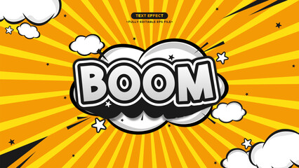 Cartoon Pop Art Style Text Effect with Boom text, Black and White color text, and yellow background with speech bubble © yusril.alim