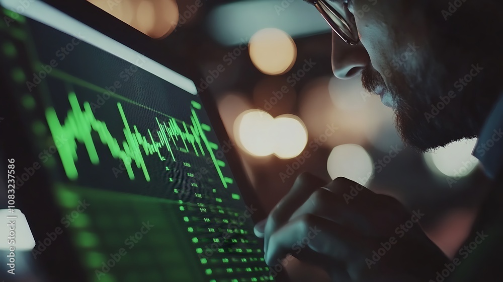 Poster a person analyzing data on a screen with green graphs and digital elements in a dimly lit setting.