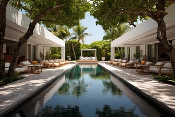 Fototapeta premium Harmonious Hideaway: Poolside Dreams Under Tropical Trees