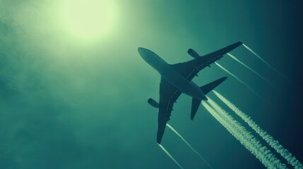 Majestic Airplane in Flight Against a Vibrant Sky with Contrails Streaming Behind, Symbolizing Travel, Adventure, and Freedom in Modern Aviation