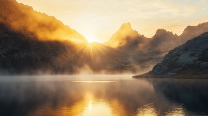 Fototapeta premium A breathtaking view of a serene mountain lake at sunrise, with mist rising from the water and golden light illuminating the peaks, Mountain lake scene