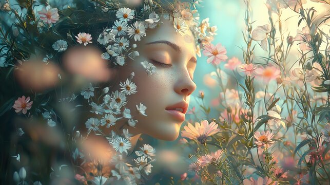 Ethereal Portrait of a Young Woman Surrounded by Delicate Flowers and Soft Light, Capturing the Essence of Nature's Beauty and Serenity in an Enchanting Garden Setting