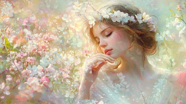 Ethereal Portrait of a Dreamy Young Woman Amidst a Vibrant Floral Landscape with Soft Pastels and Gentle Light Embracing Nature's Beauty in Blooming Spring