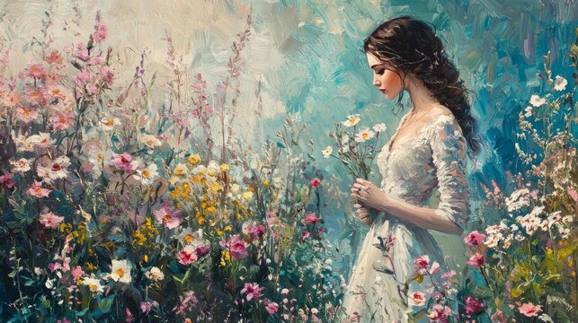Serene Woman in White Dress Surrounded by Colorful Blossoms, Capturing the Essence of Nature's Beauty and Tranquility in a Lush Floral Landscape