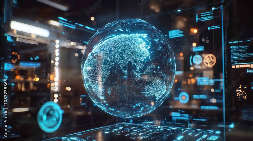 Poster a glowing digital globe hovers over a futuristic computer interface, surrounded by screens with data