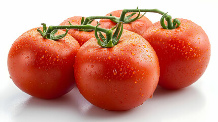 Fresh Red Tomatoes Cluster with Dew Drops on White Background