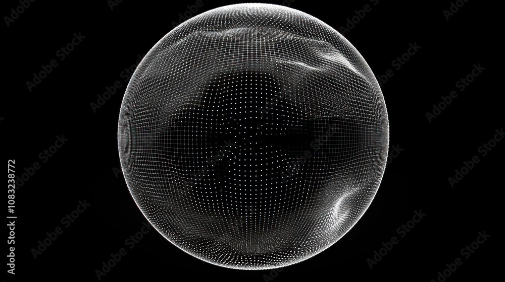 Sticker abstract digital sphere with a textured surface on a black background.
