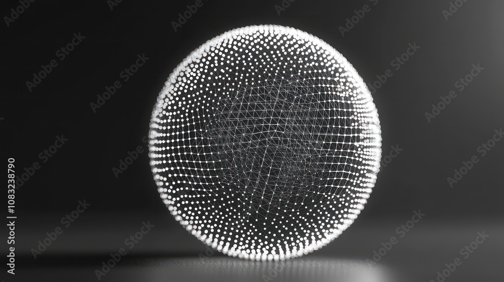 Wall mural a white sphere, made up of small, white dots, sits on a dark surface. it is a digital render of a sp