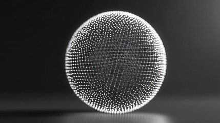 A white sphere, made up of small, white dots, sits on a dark surface. It is a digital render of a sphere.