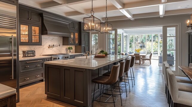 Modern Kitchen Interior with Elegant Lighting, Spacious Layout, and Stylish Bar Seating Ideal for Contemporary Home Design and Culinary Creativity