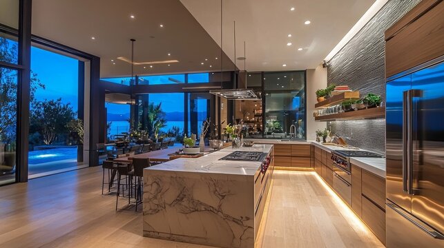 Modern Kitchen with Large Island and Stunning Views Overlooking Pool, Elegant Design with Natural Light and Luxurious Fixtures in Contemporary Home Environment
