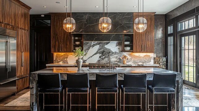 Modern Luxurious Kitchen Interior with Sleek Black and White Color Scheme, Pendant Lighting, and Elegant Marble Accents for Contemporary Living Spaces