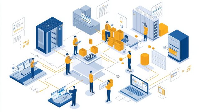 Modern Digital Workspace Illustration Featuring People Engaged in Various Office Activities with Technology, Storage Solutions, and Organizational Tools