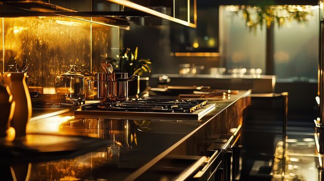 Modern kitchen interior with sleek design showcasing golden daytime light reflecting off countertops, surrounded by stylish cookware and elegant decor elements