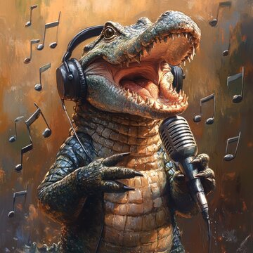 A singing alligator with headphones and a microphone, with musical notes in the background.