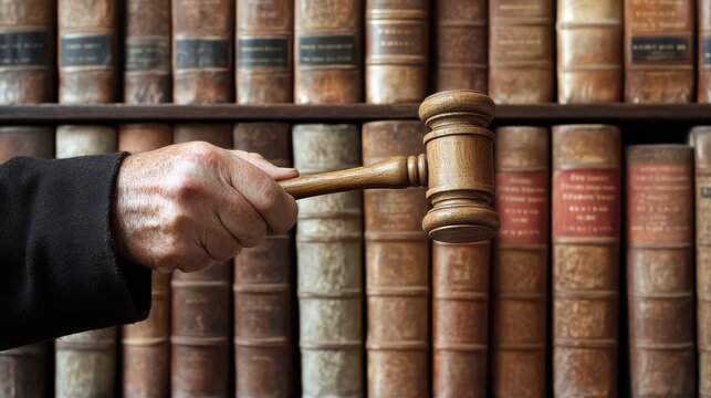 Legal Symbolism with a Hand Holding a Gavel in Front of Vintage Law Books Signifying Justice and Authority in a Courtroom Environment
