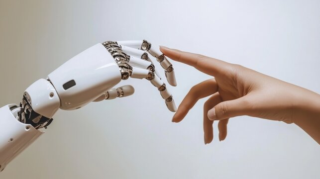 Human Hand Reaching Out to Touch a Robotic Hand Capturing the Essence of Connection Between Humanity and Technology in a Futuristic Setting