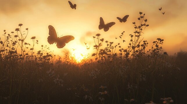 A Serene Sunset Scene with Butterflies Dancing Among Wildflowers in a Beautiful Meadow, Capturing the Essence of Nature's Tranquility and Wonder