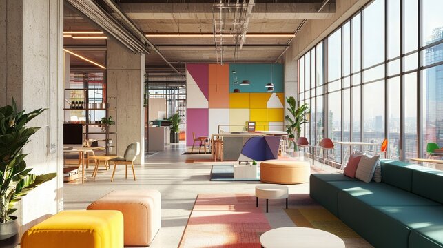 Modern and Vibrant Office Interior Showcasing Creative Workspaces with Colorful Decor, Natural Light, and Comfortable Furniture in a Contemporary Design Setting