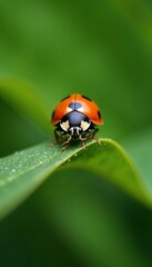 Fototapeta premium Macro shot of ladybug perched on leaf edge, emphasizing vibrant colors and intricate textures against blurred greenery