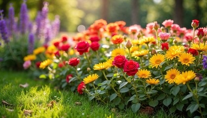 Fototapeta premium Vibrant garden filled with blooming flowers in various colors, enhanced by soft sunlight