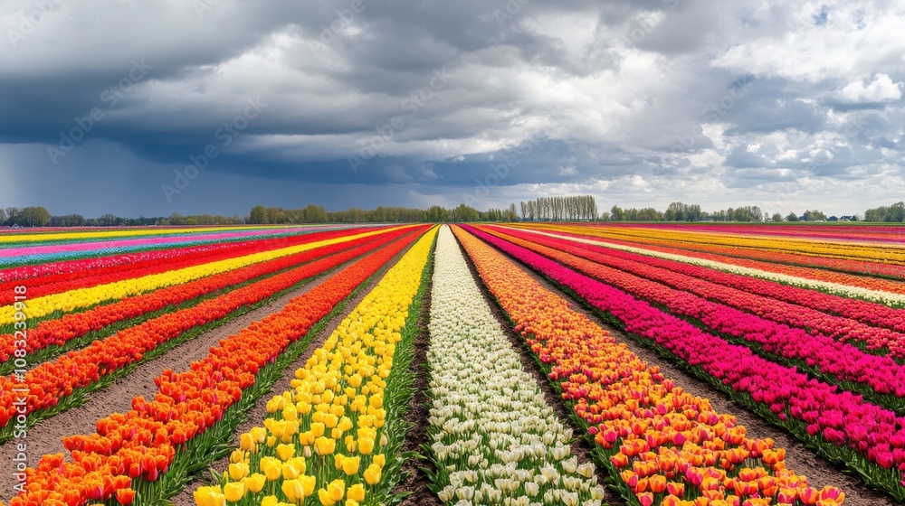 Poster a breathtaking view of the vibrant tulip fields in the netherlands, with rows of colorful flowers st