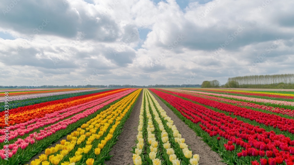 Poster a breathtaking view of the vibrant tulip fields in the netherlands, with rows of colorful flowers st