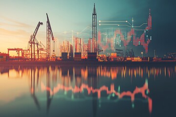 Obraz premium Industrial landscape with digital data overlay, reflecting on water.