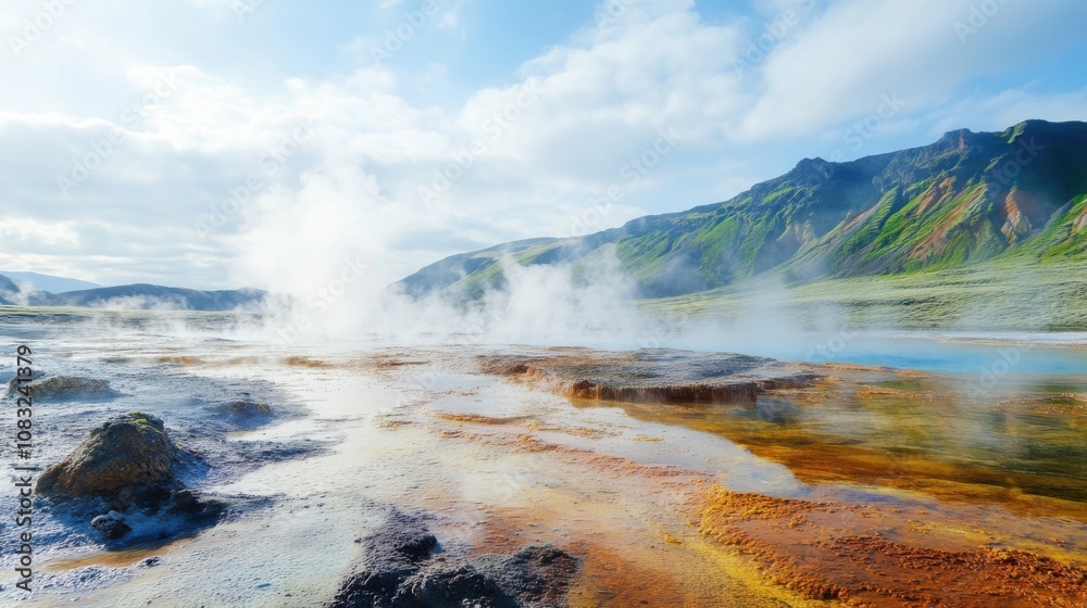 Poster a captivating view of a colorful hot spring with vibrant mineral deposits and steam rising against a