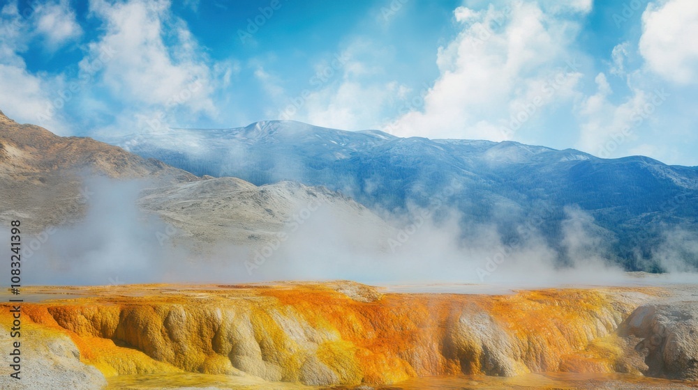 Poster a captivating view of a colorful hot spring with vibrant mineral deposits and steam rising against a