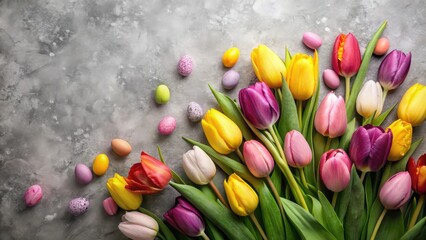 A vibrant arrangement of colorful tulips and speckled easter eggs on a textured grey backdrop, celebrating the joy of spring and the arrival of new life.