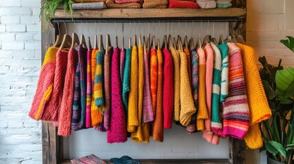 Vivid array of knitwear arranged on a wooden clothing rack in a boutique
