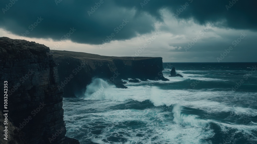 Poster a captivating view of a rugged coastline with dramatic cliffs and crashing waves under a stormy sky,