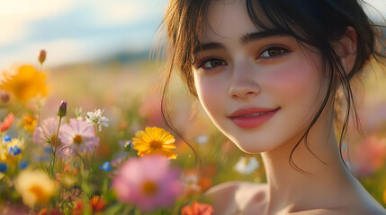 Naklejka premium A Young Woman Smiles Amidst a Vibrant Wildflower Meadow at Sunset