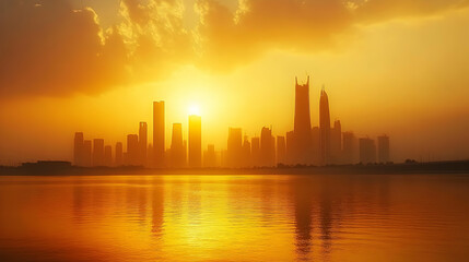 Fototapeta premium Golden Sunset Illuminates City Skyline with Warm, Vibrant Hues over Calm Waters